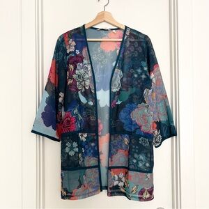 Soft Surroundings Sheer Kimono Top Petite M Patchwork Floral Boho Beach Coverup